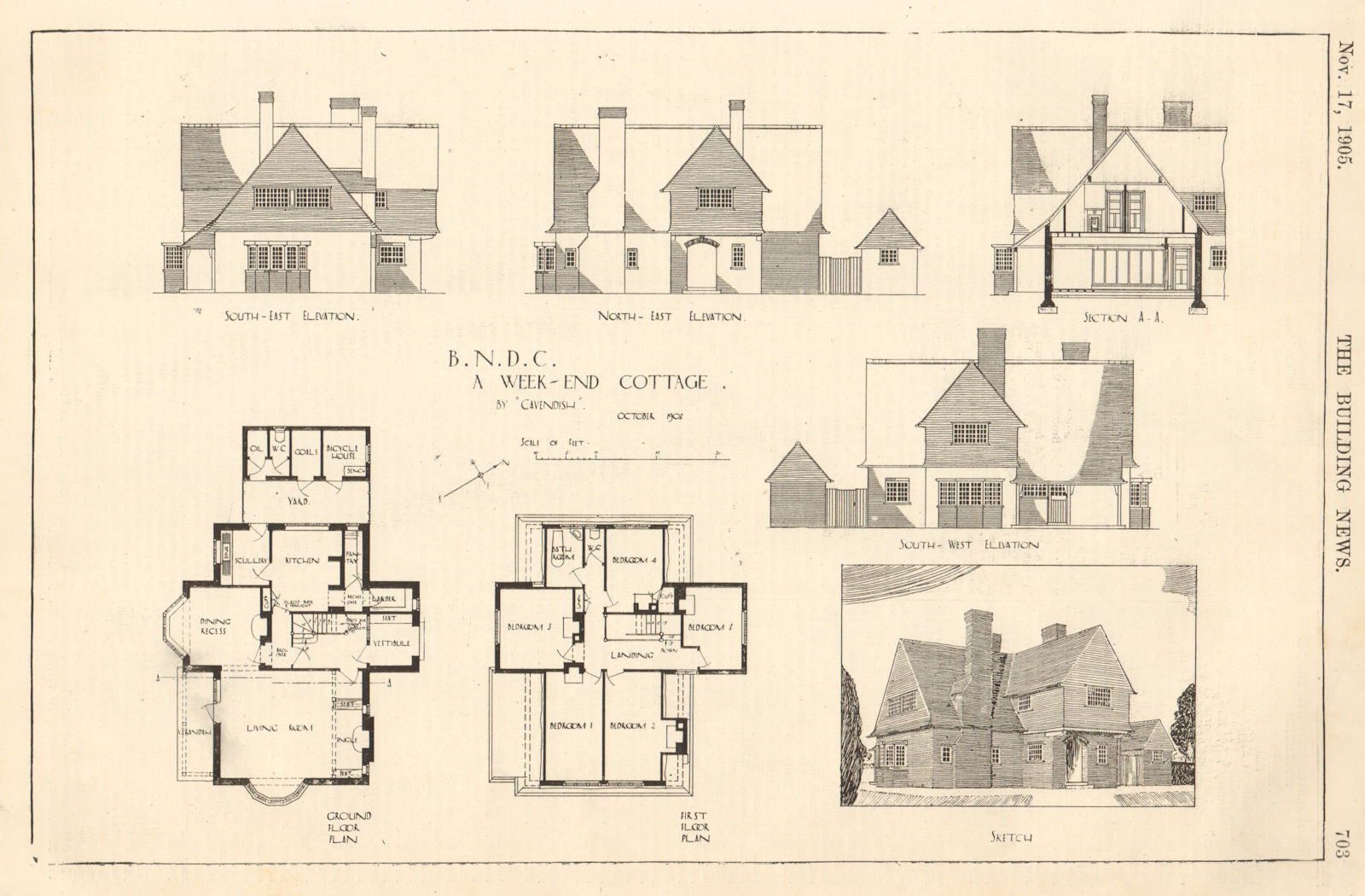 A weekend cottage by ''Cavendish''. Sketch, elevations & plans 1905 old print